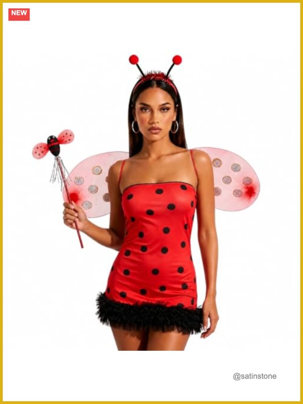 Women Bee Ladybug Costume 4 Piece Mini Dress Wings Headband Wand Set